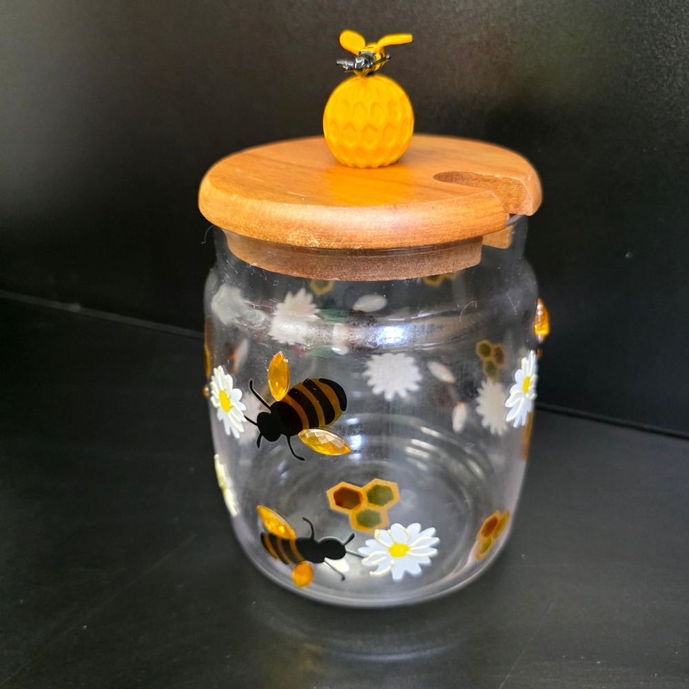 Honey Jar Small Clear Yellow Bee Daisy Glass Wood Lid Decor Cottagecore Honey